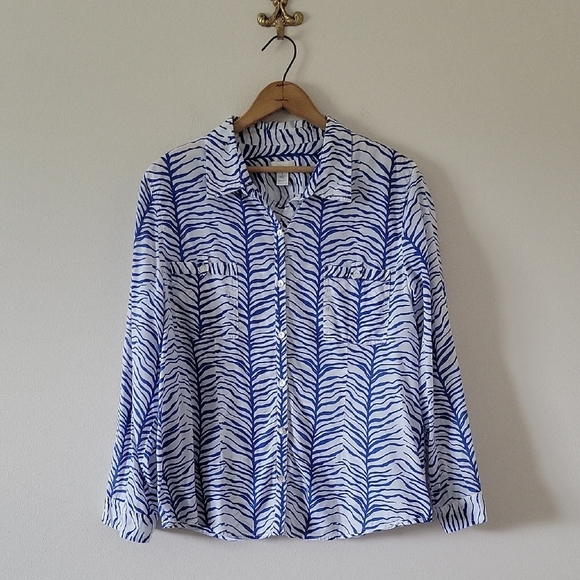 Chico's Blue White Zebra Stripe Long Sleeve Button Down Cotton Shirt Size XL - Picture 1 of 6
